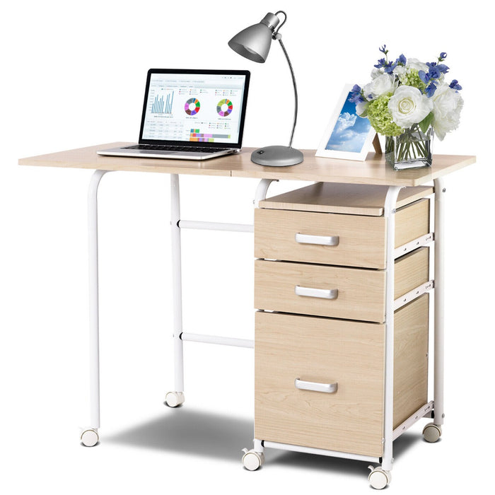 Folding Computer Desk with Rolling Wheels  - Multipurpose Workstation with 3 Drawers - Ideal for Home Office Use