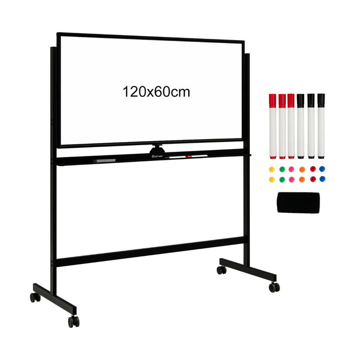 Mobile Whiteboard Double-Sided Magnetic - Includes Magnets, Pens and Eraser, Black - Ideal for Classroom and Office Use