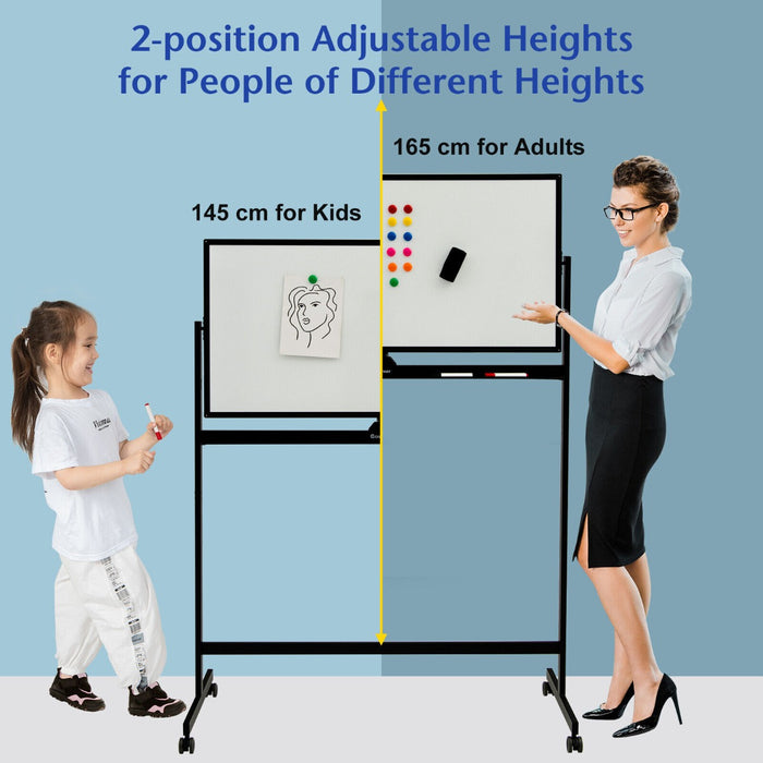 Mobile Whiteboard Double-Sided Magnetic - Includes Magnets, Pens and Eraser, Black - Ideal for Classroom and Office Use