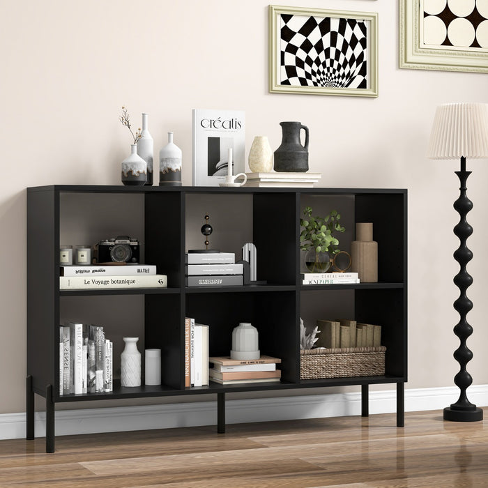 Wooden Storage Bookcase 6-Cube Model - Open Shelving Unit with 5 Black Metal Legs - Ideal for Displaying Books and Solving Storage Problems