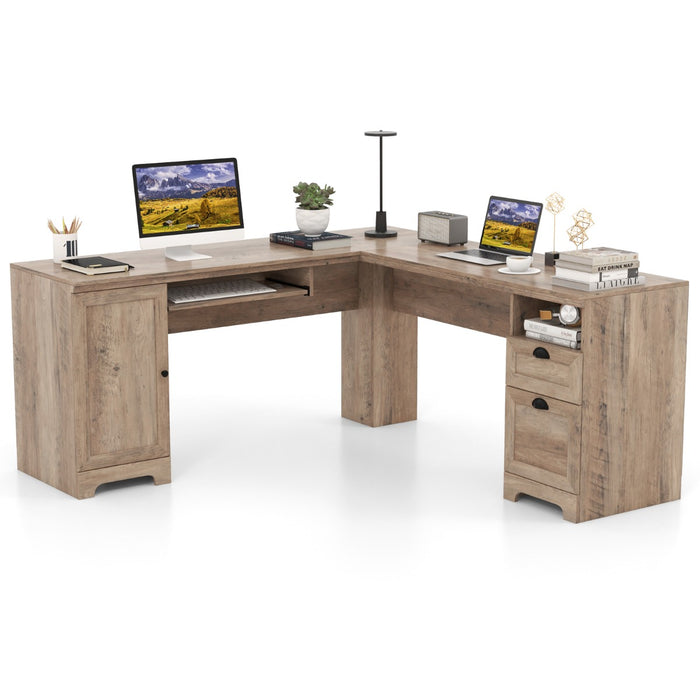 L-Shaped Desk - Computer Desk with Drawers, Cabinet, Keyboard Tray in Black - Ideal for Home Office or Study Area