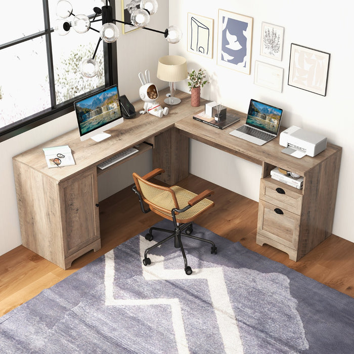 L-Shaped Desk - Computer Desk with Drawers, Cabinet, Keyboard Tray in Black - Ideal for Home Office or Study Area