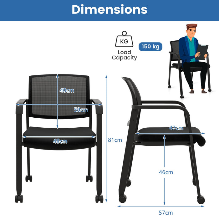 Set of 2 Waiting Room Chairs - Black, with Armrests and Easy-Move Wheels - Perfect for Office Reception Spaces