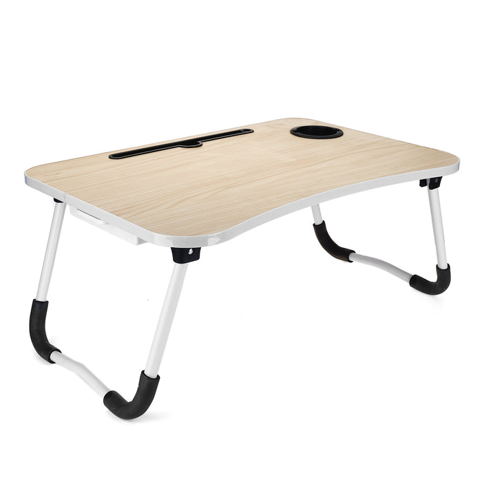 Folding Wooden Bed Desk - Multifunctional MacBook Table with Pen Cup Slot and Storage Drawer - Ideal for Lazy Leisurely Desk Usage