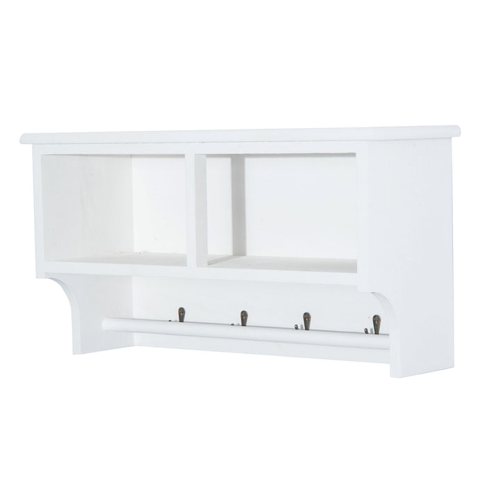Wall-Mounted Entryway Coat Rack - White Shelf with Wicker Baskets and Hooks, 2-Basket Organizer - Perfect Storage Solution for Home Organization