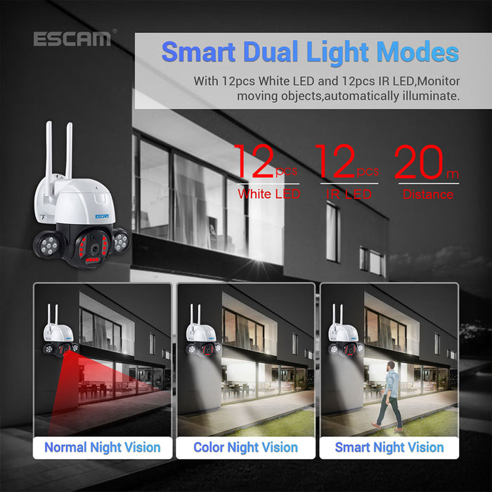 ESCAM QF233 3MP PTZ - H.265 WIFI IP Camera with Fixed Point Cruise, 4x Zoom, Dual Light, IP66 Waterproof, Motion Sensor, Two-way Voice & Intelligent Night Vision - Ideal for Home Security & ONVIF Compatibility