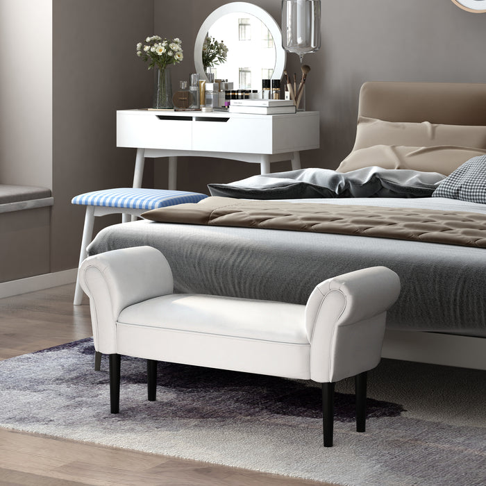 Chic White Chaise Lounge Sofa with Wooden Legs - Petite Velvet Upholstered Bench for Bedroom or Window Seat - Elegantly Crafted for Small Spaces and Home Decor Enhancements