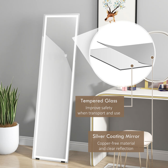 LED-Lit Standing Dressing Mirror - Bedroom Wall Mirror with Dimmable 3-Color Lighting, White - Ideal for Makeup and Room Ambiance