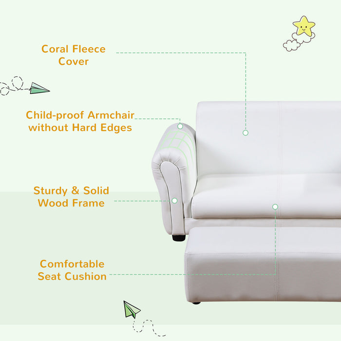 Kids Twin Sofa with Footstool - 2-Seater Toddler Chair for Children, Double Seat Armchair, Boys and Girls Lounge Furniture - White Couch Perfect for Sibling Sharing and Playrooms