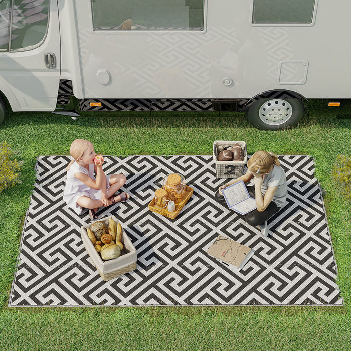 Outdoor Reversible Rug - 152 x 243 cm Black & White Plastic Straw Mat - Ideal for RV Camping, Garden, Deck, and Indoor Picnic