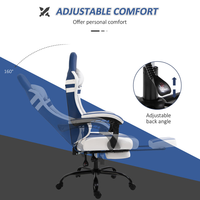 Ergonomic PU Leather Racing Chair - High-Back Gaming Chair with Headrest, Footrest & Adjustable Height - Comfortable Recliner for Gamers, Blue & White Design