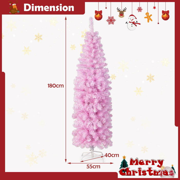 Slim Pink Xmas Tree - 180 cm, 475 Branch Tips, Equipped with 250 Cold White LED Lights - Ideal for Creating Festive Atmosphere at Home