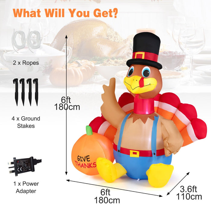 Inflatable 6 Foot Thanksgiving Turkey - LED Lights and Pumpkin Decoration Feature - Ideal for Festive Outdoor Display