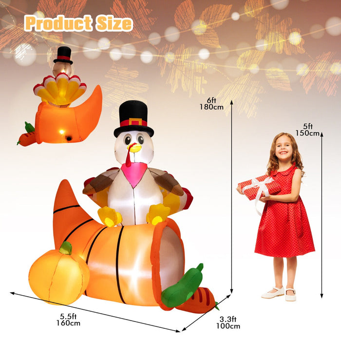 Inflatable Thanksgiving Turkey - 6 Feet Tall, Cornucopia Design with LED Lights - Perfect for Seasonal Outdoor Decorations
