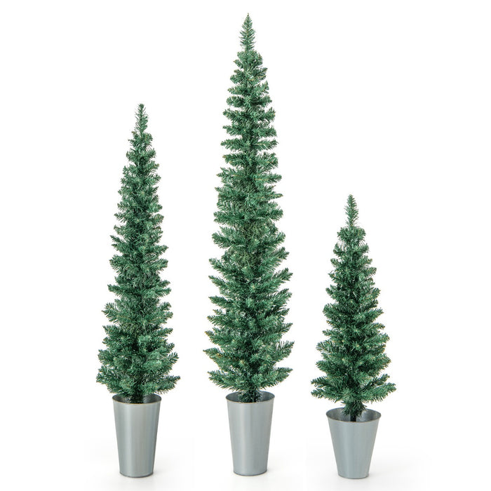 Artificial Christmas Trees in Silver Metal Buckets - Set of 3 Potted Faux Pine Trees - Ideal Holiday Decoration for Indoor and Outdoor Spaces