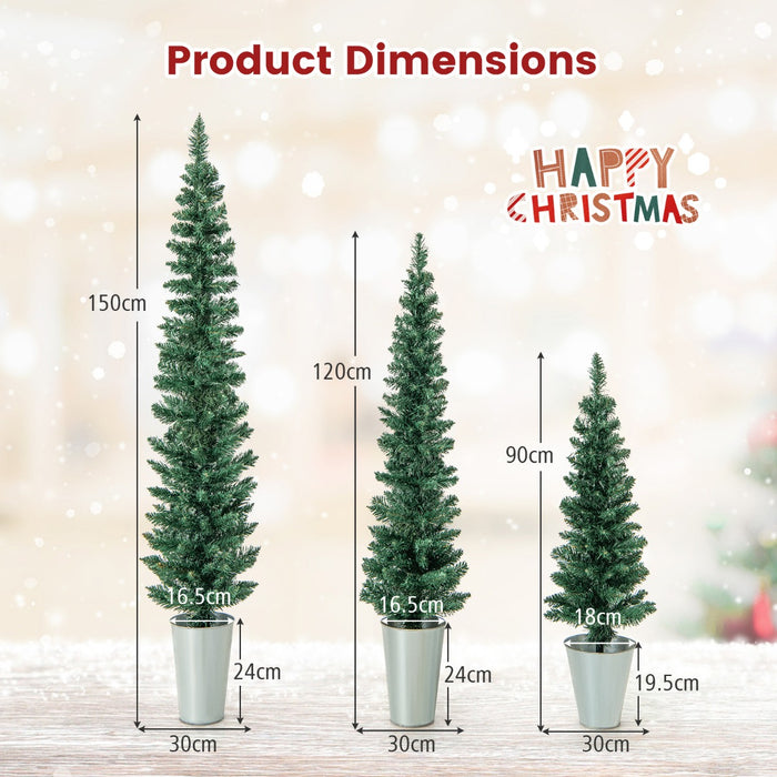 Artificial Christmas Trees in Silver Metal Buckets - Set of 3 Potted Faux Pine Trees - Ideal Holiday Decoration for Indoor and Outdoor Spaces
