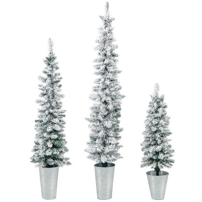 Slim Pencil Snow-Flocked Christmas Trees - Silver Metal Buckets, Slim and Elegant Design - Ideal for Small Space Holiday Decoration