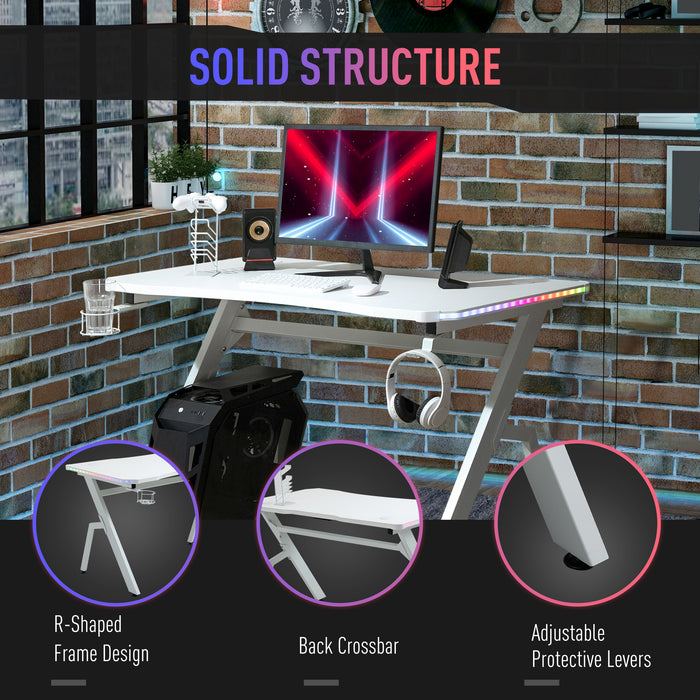Ergonomic Racing Gaming Desk - RGB LED Lighting, Headphone Hook, Cup Holder, Controller Stand - Ideal for Gamers and Home Office Setup