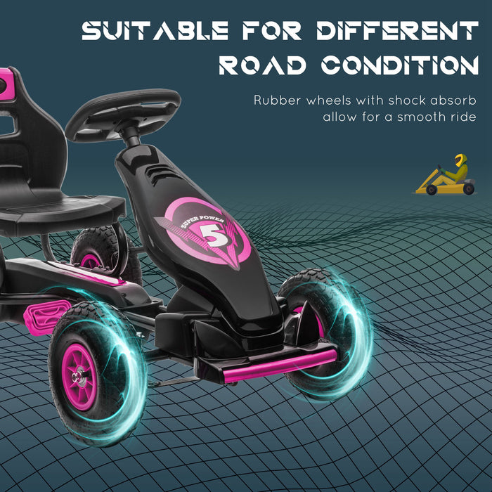 Kids' Pedal-Powered Racing Kart - Adjustable Seat, Pneumatic Tires & Shock Absorption - Ideal for Boys & Girls Aged 5-12, Fun Outdoor Play in Pink