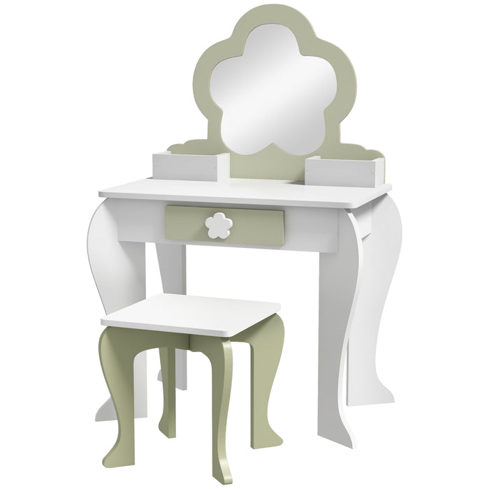 Kids Flower Vanity Set - Mirror, Stool, Drawer & Storage Boxes for Beauty Play - Perfect for Ages 3-6, White Design