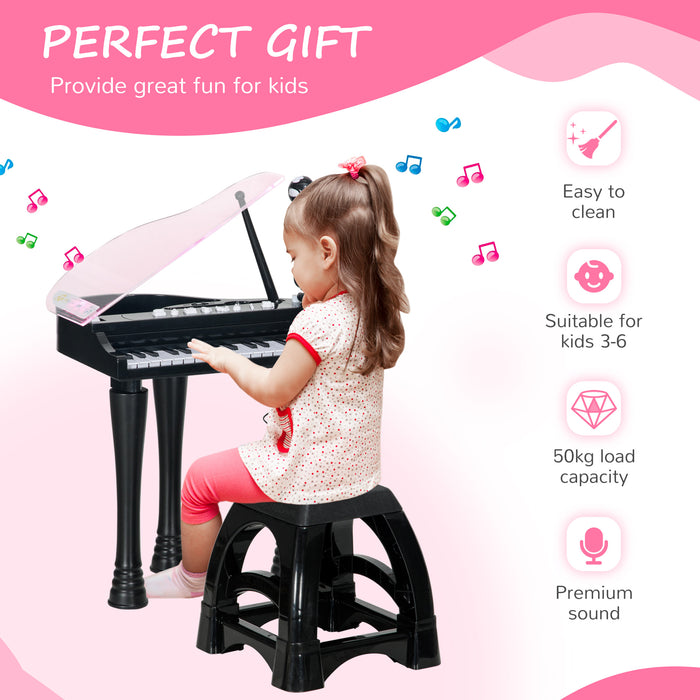 Kids Piano Keyboard with Stool - 32 Keys, Integrated Lights, Microphone, and Variety Sounds, Adjustable Legs - Ideal Musical Learning Toy for Aspiring Young Musicians