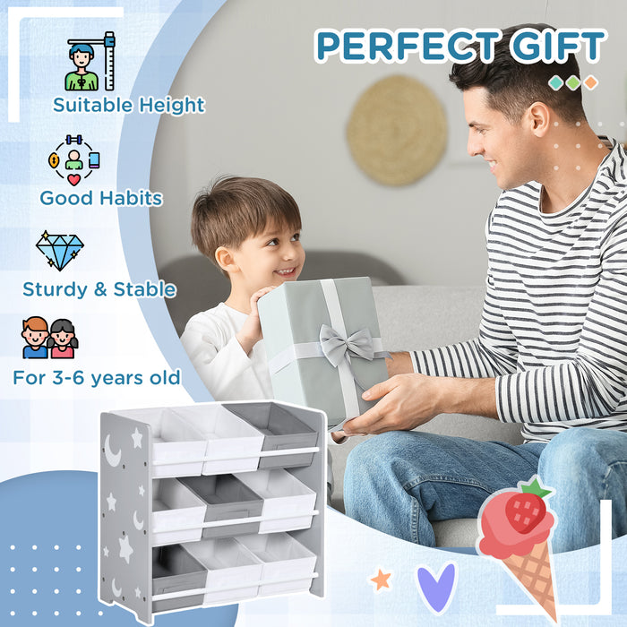 9-Bin Kids Storage Organizer - Removable Baskets and Bookshelf Combo for Nursery & Playroom - Space-Saving Toy Box and Shelving Unit in Grey