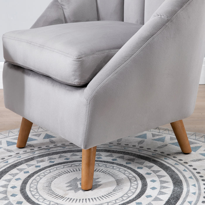 Velvet Fabric Accent Chair - Single Sofa Armchair with Solid Wood Legs for Home Living Room - Upholstered Grey Side Chair for Elegant Seating Comfort