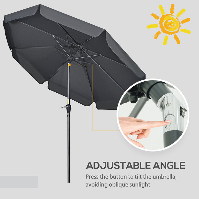 2.7m Patio Parasol with Tilt and Crank - Outdoor Garden Umbrella, 8 Ribs, Ruffles, Sun Shade, Black - Ideal for Outdoor Dining and Lounging