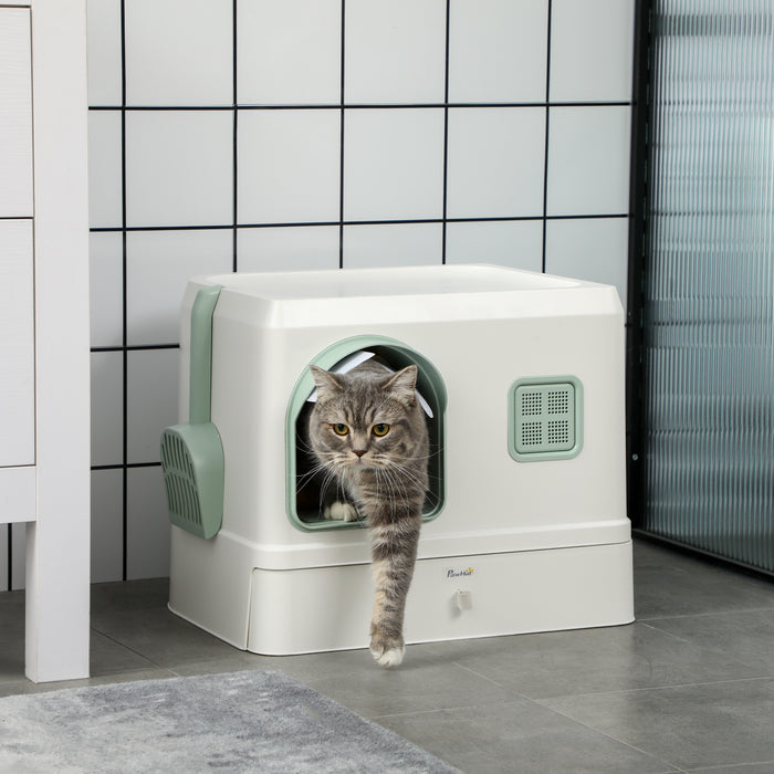 Hooded Cat Litter Box with Scoop Drawer - Deodorizing Tray Pan with Front Entry, 50x40x40cm - Ideal for Odor Control in Cat Homes
