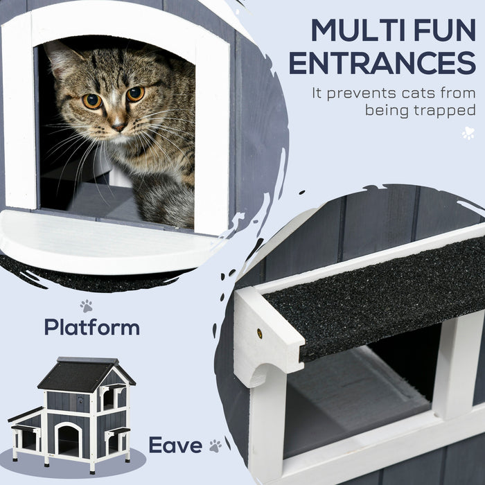 2-Tier Grey Cat Shelter Flower Pot - Windowed Feline Haven with Multiple Entrances - Water-Resistant Roof Ideal for Outdoor Pets