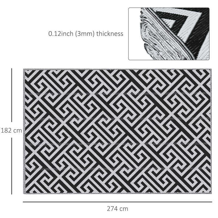 Outdoor Reversible Rug - 182 x 274 cm (6x9 ft) Plastic Straw Mat, Black & White - Perfect for RV Camping, Garden, Picnics, and Indoor Deck Use