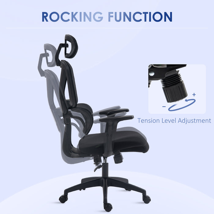 Ergonomic Mesh Office Chair - Height Adjustable with Lumbar Support, Swivel Wheels & Adjustable Headrest - Comfortable Seating for Desk Work, Black