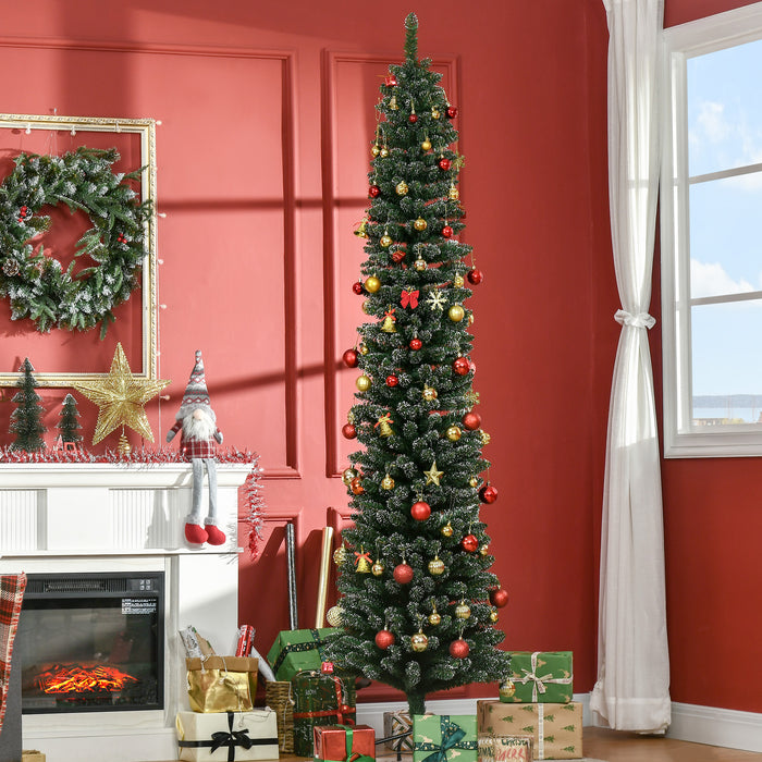 Artificial Snow-Flocked Pencil Christmas Tree 7.5FT - Slim Green Holiday Tree with Black Folding Metal Stand - Festive Indoor Home Decor for Xmas Season