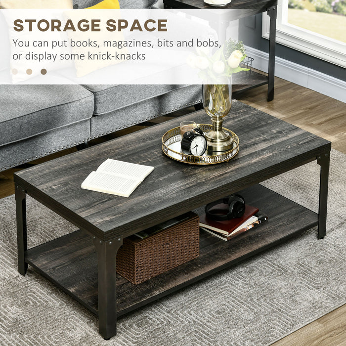 Dark Walnut Rustic Coffee Table with Thickened Top - Living Room Cocktail Table with Storage Shelf and Steel Frame - Elegant and Durable Furniture for Home Comfort