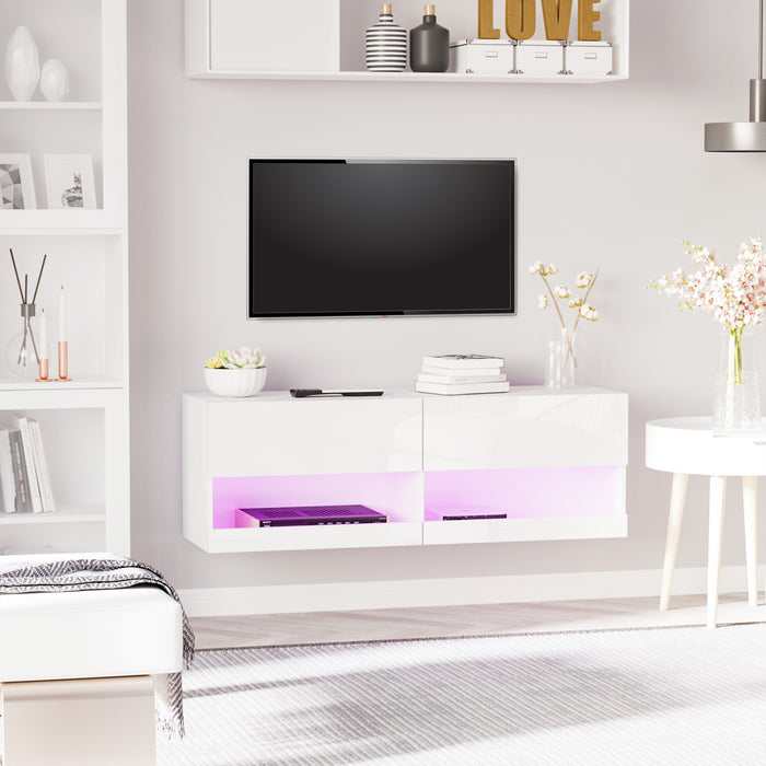 Wall Mount Entertainment Center with LED Lights - High Gloss Media Console with Remote, Storage Compartments - Stylish TV Stand for Modern Home Decor