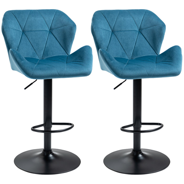 Luxury Velvet Bar Stools - Set of 2 Adjustable Metal Frame Barstools with Footrest and Round Base - Elegant Seating for Home Bar or Kitchen Island