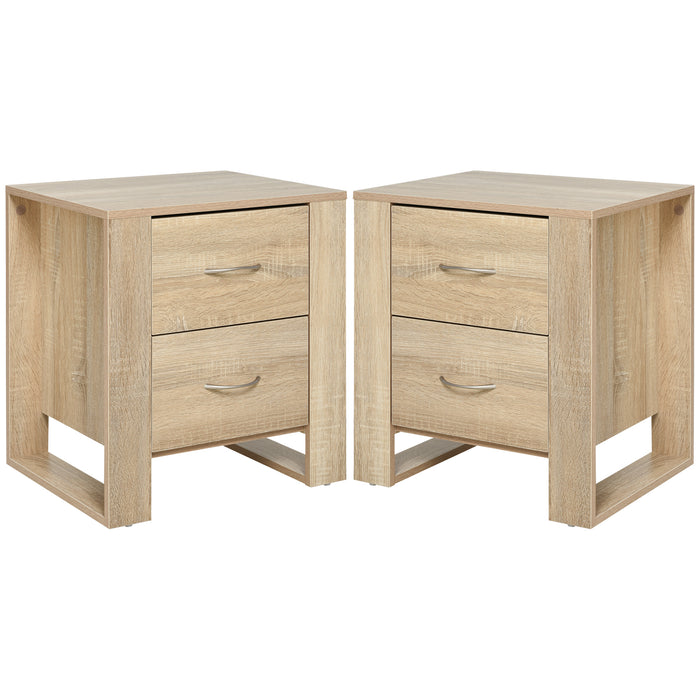 2-Drawer Bedside Table with Handles - Elevated Base Nightstand for Bedroom and Living Room - Ideal Storage Side Table Set of 2, Brown