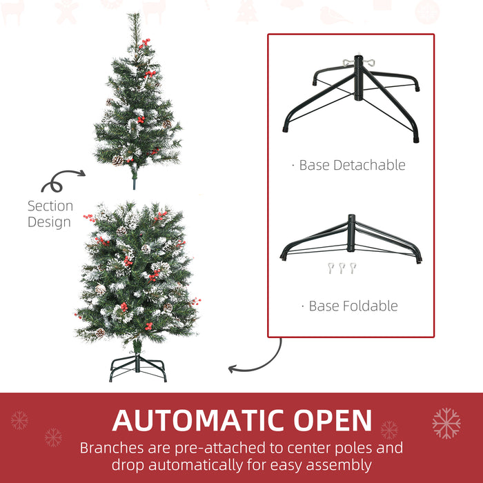 Slim Snow-Dusted 5-Foot Artificial Christmas Tree - 402 Lifelike Branches with Pine Cones and Red Berries, Auto-Expand Feature - Ideal for Festive Home Decoration and Tight Spaces