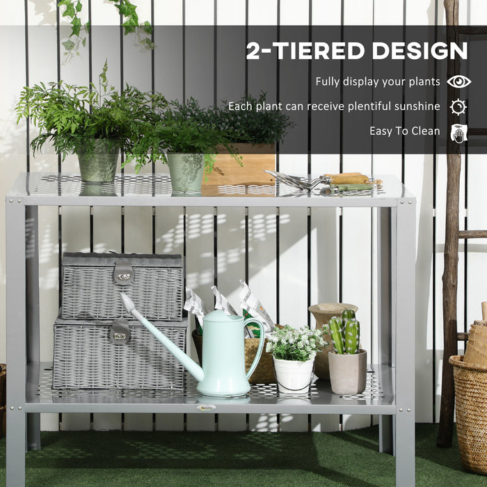 2-Tier Steel Frame Plant Stand - Corner Flower Rack with Mesh Shelves for Indoor/Outdoor Use - Space-Saving Organizer for Gardeners & Home Decor Enthusiasts