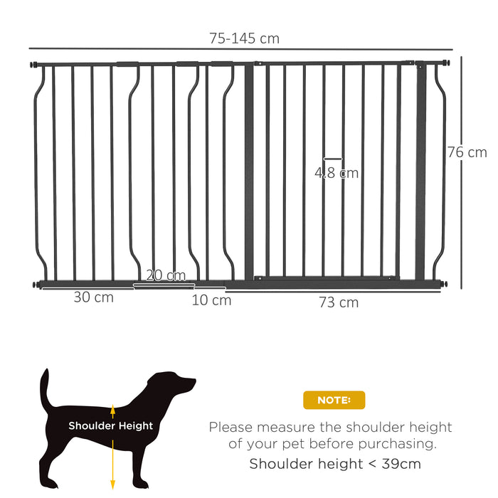 Extra Wide Adjustable Dog Gate 75-145cm - Pet Safety Stairway Barrier, Pressure Mount for Doorways and Hallways - Ideal for Keeping Pets Contained and Safe