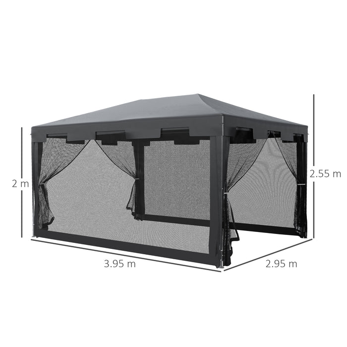 Outdoor Gazebo Party Tent 4m x 3m - Garden Sun Shade Canopy with Mesh Sidewalls, Dark Grey - Ideal for Gatherings and Protection from Elements