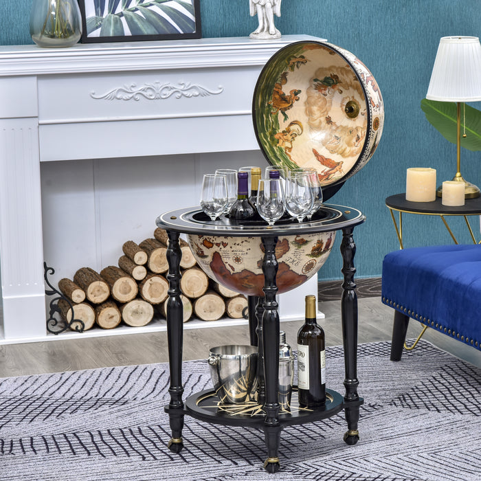 Elegant Globe-Shaped Drinks Cabinet with Wood Frame - Mobile Bar Cart with 3 Compartments, Bottom Shelf, and 4 Wheels - Sophisticated Safe Storage for Bottles and Glasses, Antique Brown and Beige Design