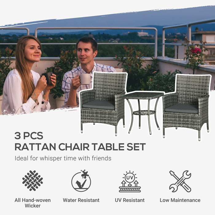 Rattan Garden Bistro 3-Piece Set - Patio Weave Companion Chairs with Cushions and Matching Table - Ideal for Conservatory and Outdoor Seating, Light Grey