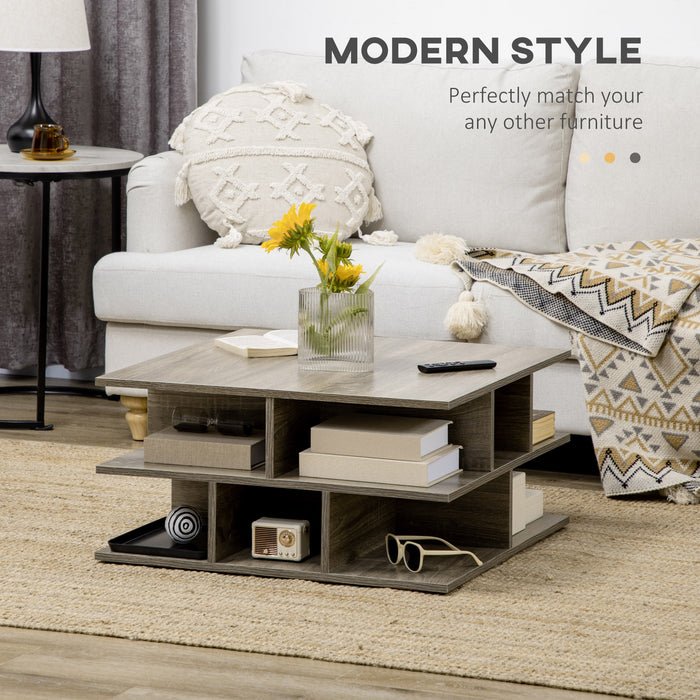 Modern Grey Square Coffee Table - Living Room Cocktail Furniture with Multiple Storage Shelves - Stylish Space-Saving Design for Contemporary Homes