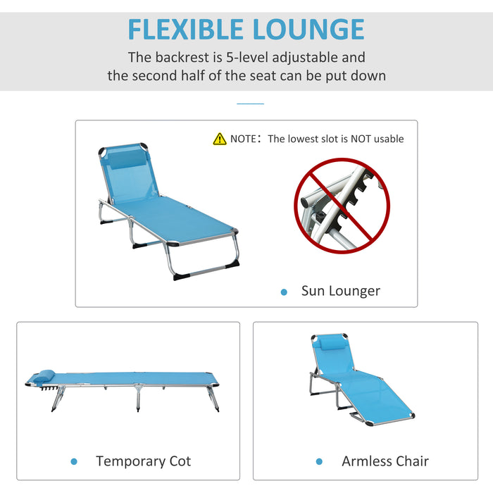 Adjustable Reclining Sun Lounger with Pillow - 2-Pack Aluminum Frame Folding Lounge Chairs, 5-Level Comfort - Ideal for Camping, Patio, Beach Relaxation