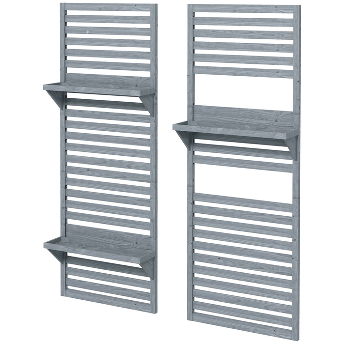 Fir Wood Plant Display Racks - Set of 2 Wall-Mounted Stands with Shelves & Slatted Trellis - Ideal for Patio, Balcony, Porch Greenery Showcase