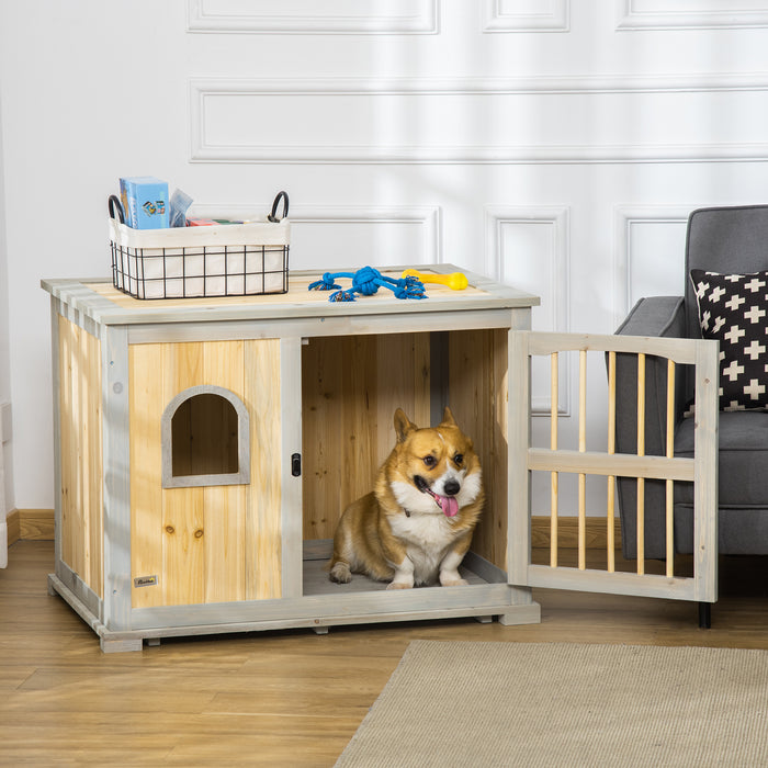 Wooden Dog Crate End Table - Lockable Door, Windowed Pet Sanctuary for Small/Medium Dogs, Dual-Tone Grey & Yellow - Stylish Pet-Friendly Furniture & Home Solution