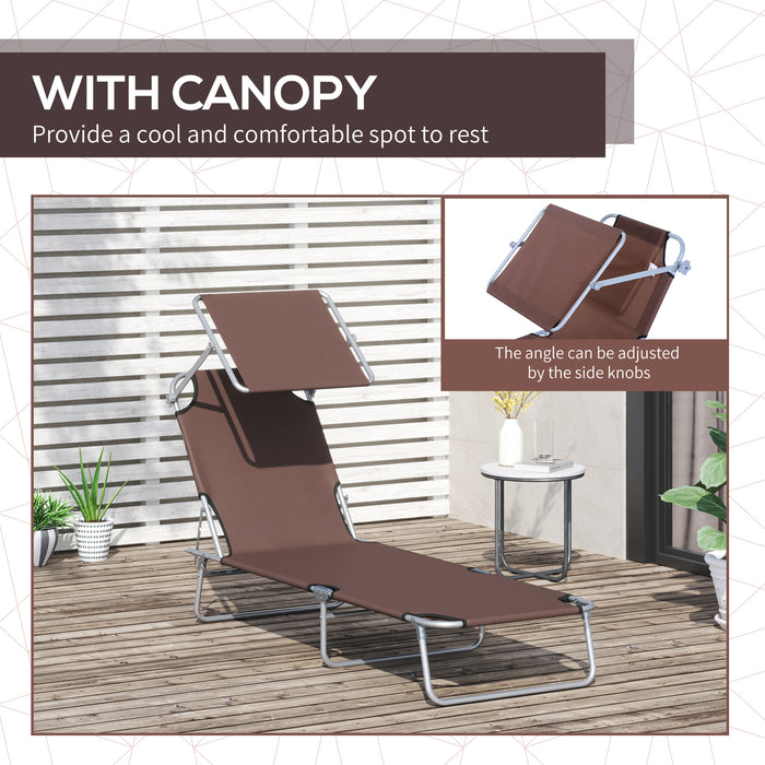 Outdoor Folding Sun Lounger Pair with Canopy - Adjustable Patio Reclining Chairs with Mesh Fabric, Brown - Ideal for Garden Relaxation and Sunbathing