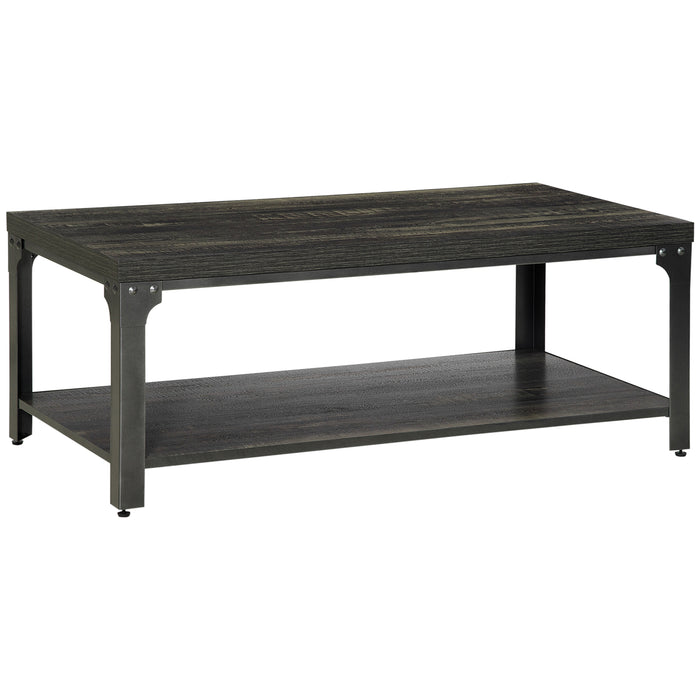 Dark Walnut Rustic Coffee Table with Thickened Top - Living Room Cocktail Table with Storage Shelf and Steel Frame - Elegant and Durable Furniture for Home Comfort