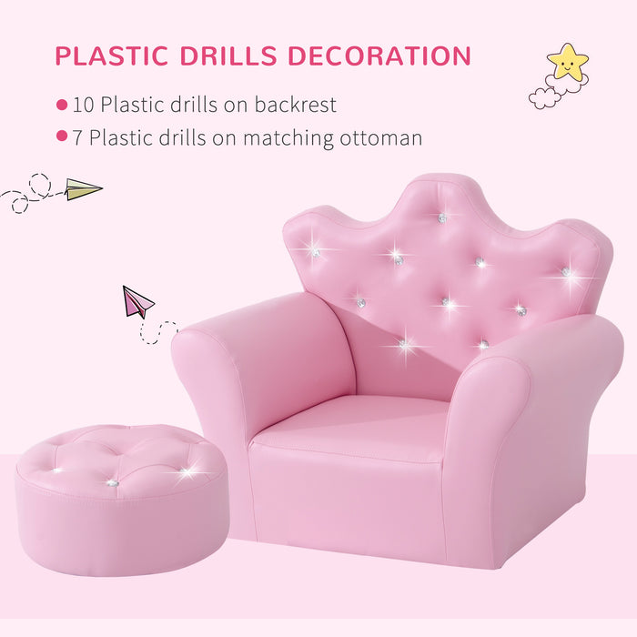 Kids Sofa Chair and Footstool Combo - Durable PU Leather Mini Armchair in Pink - Perfect Cozy Furniture for Children's Playroom and Seating